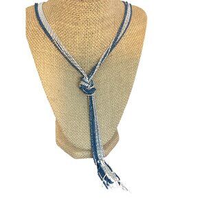 Blue Silver Beaded Knot Necklace Tassel Multi Strand Flapper Adj 27"